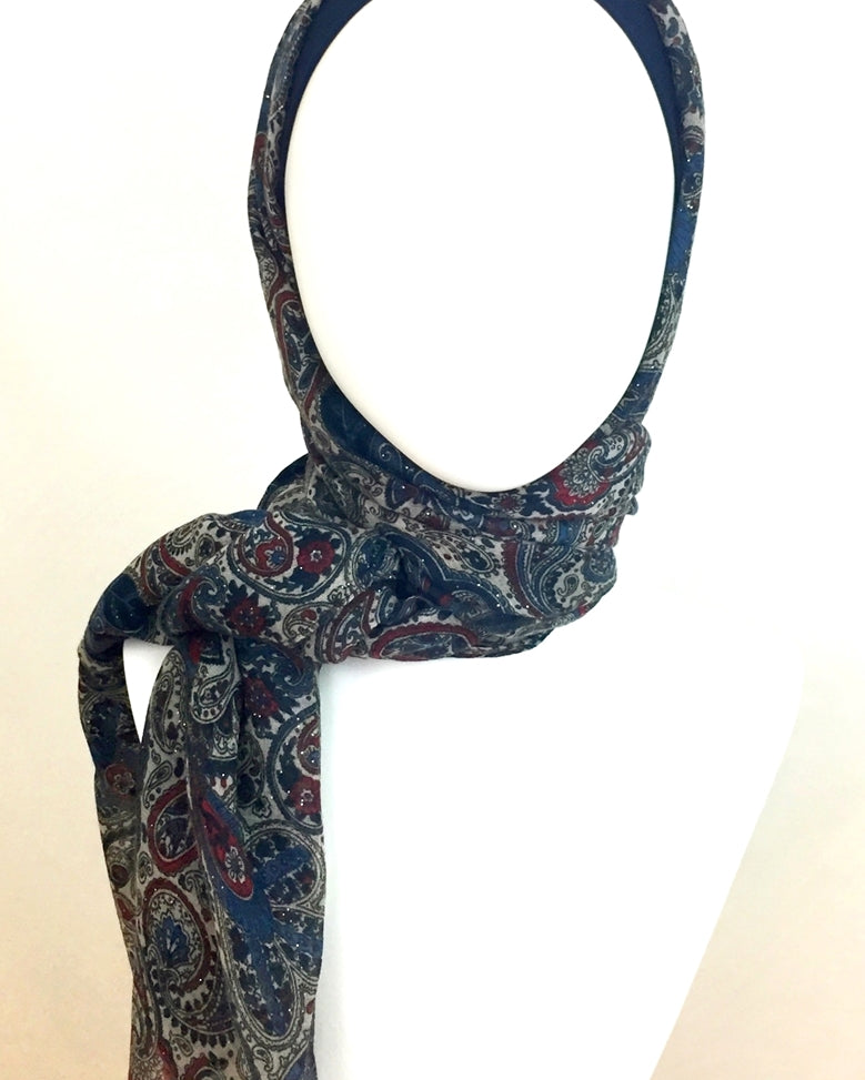 Shimmer Navy & Beige Paisley Patterned Scarf