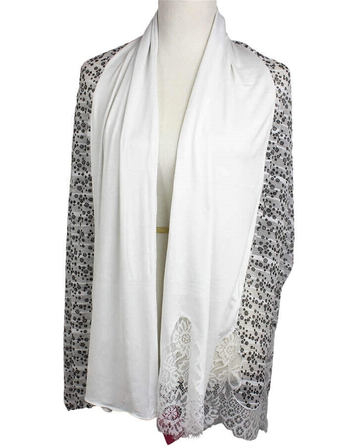 Kuwaiti Double Border  & Lace Ivory White Hijab
