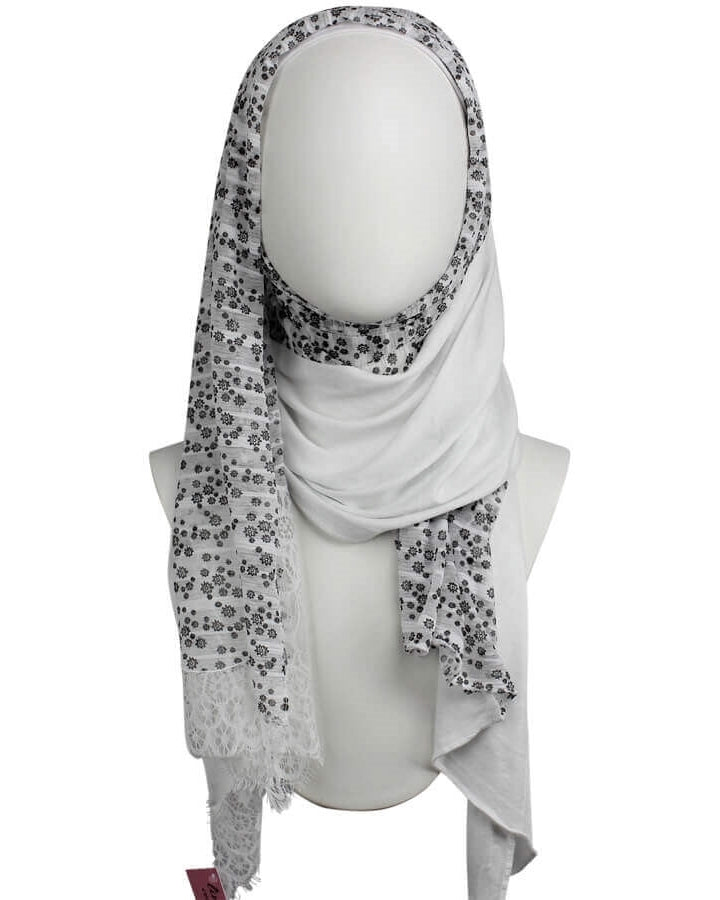 Kuwaiti Double Border  & Lace Ivory White Hijab