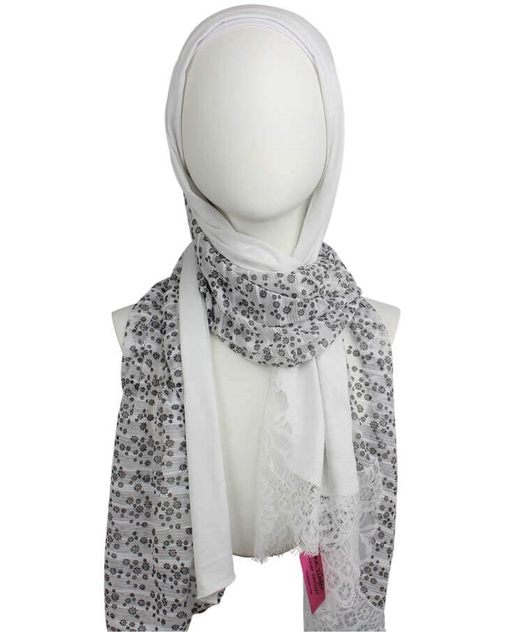 Kuwaiti Double Border  & Lace Ivory White Hijab