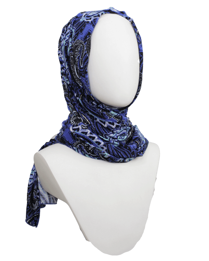 Royal Blue Paisley Print Smooth Patterned Jersey Hijab  - Soft & Cool "Zibde Feel"