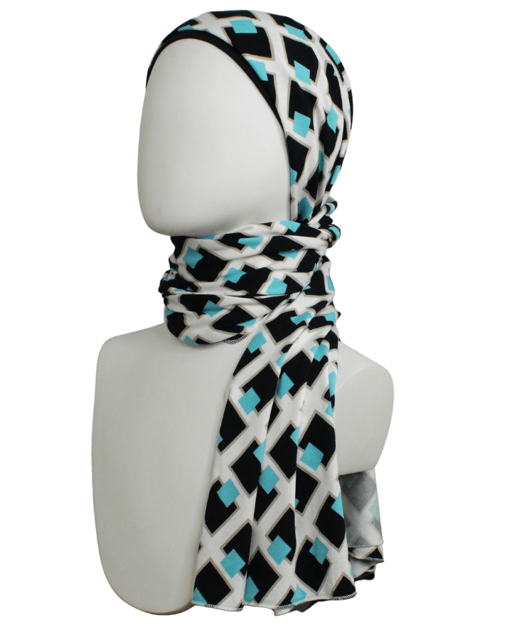 Geo Abstract in Blue Black Patterned Jersey Hijab