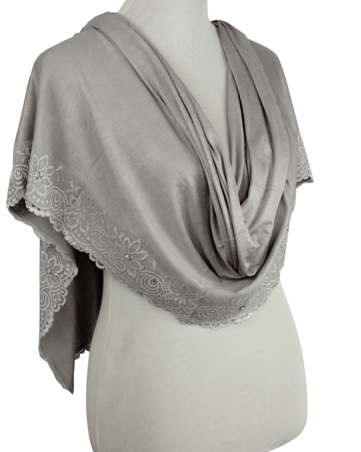 Embellished Lace Bordered Kuwaiti Hijab - Grey-ish Neutral Hijab - NEW