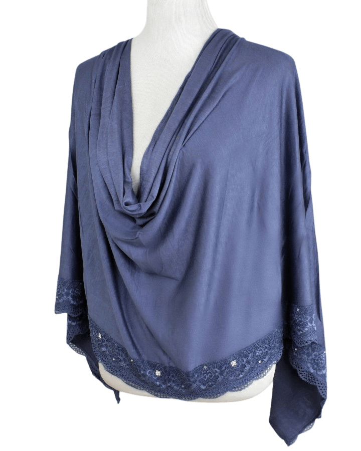 Embellished Lace Bordered Kuwaiti Hijab - Navy Blue Hijab - NEW