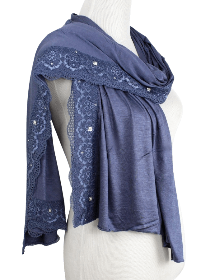 Embellished Lace Bordered Kuwaiti Hijab - Navy Blue Hijab - NEW