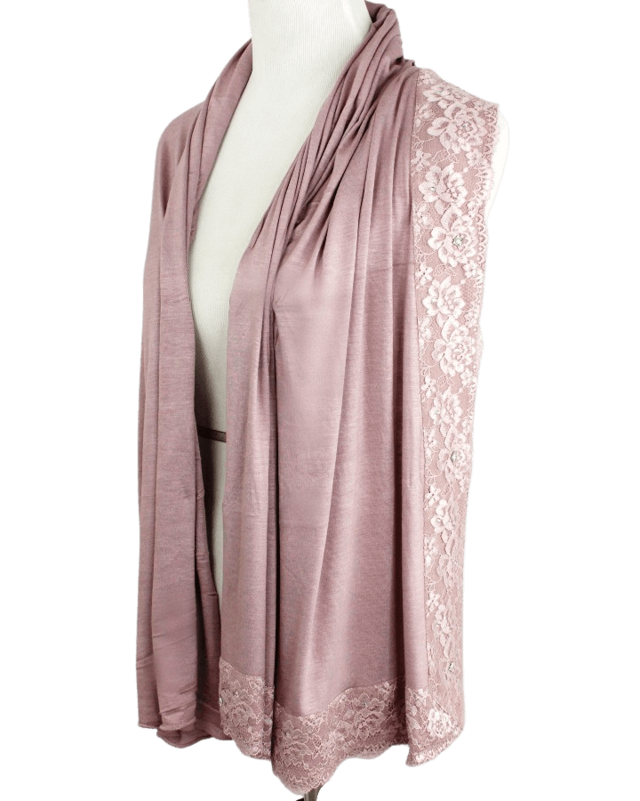 Embellished Lace Bordered Kuwaiti Hijab - Mauv-ish Neutral Hijab - NEW