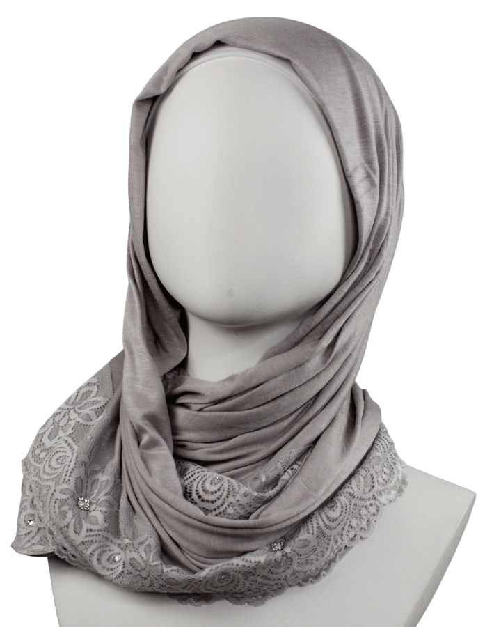 Embellished Lace Bordered Kuwaiti Hijab - Grey-ish Neutral Hijab - NEW