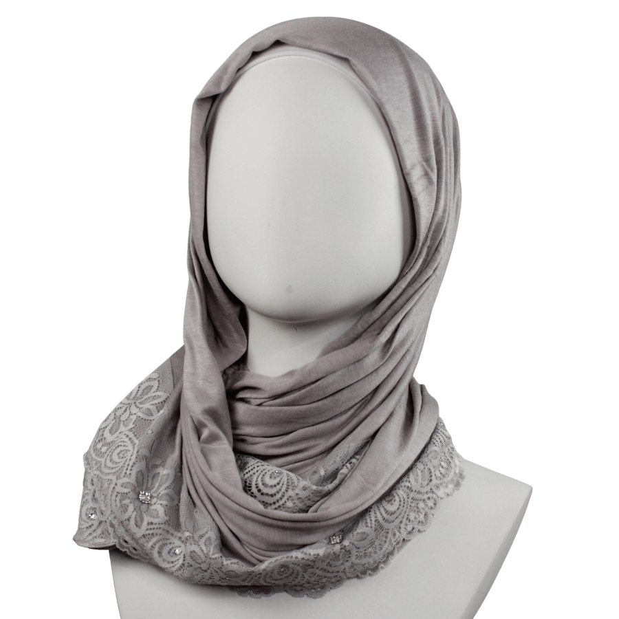 Embellished Lace Bordered Kuwaiti Hijab - Grey-ish Neutral Hijab - NEW