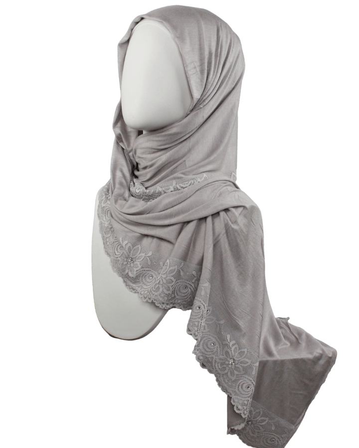 Embellished Lace Bordered Kuwaiti Hijab - Grey-ish Neutral Hijab - NEW