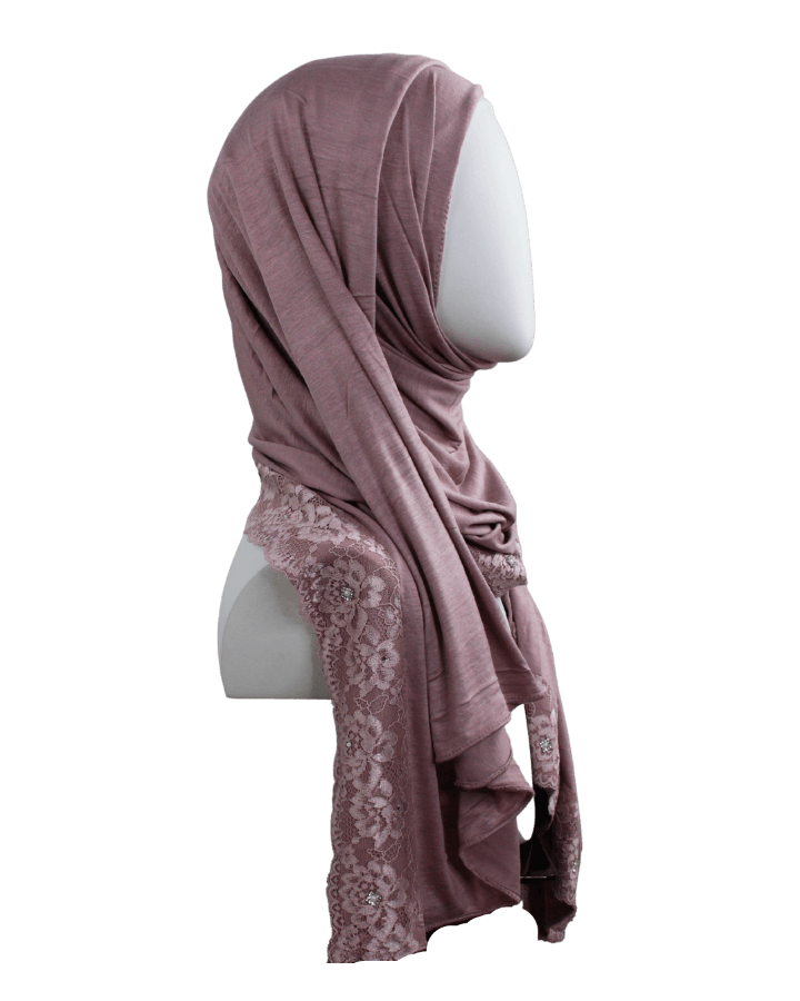 Embellished Lace Bordered Kuwaiti Hijab - Mauv-ish Neutral Hijab - NEW
