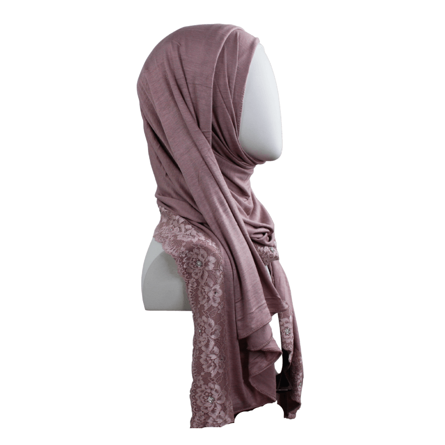 Embellished Lace Bordered Kuwaiti Hijab - Mauv-ish Neutral Hijab - NEW
