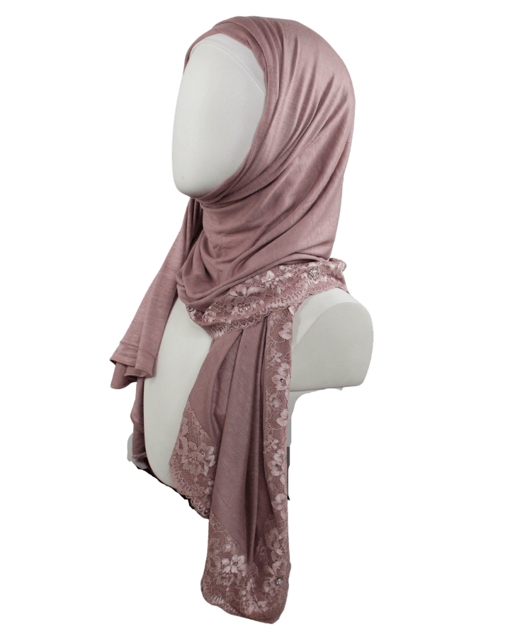 Embellished Lace Bordered Kuwaiti Hijab - Mauv-ish Neutral Hijab - NEW
