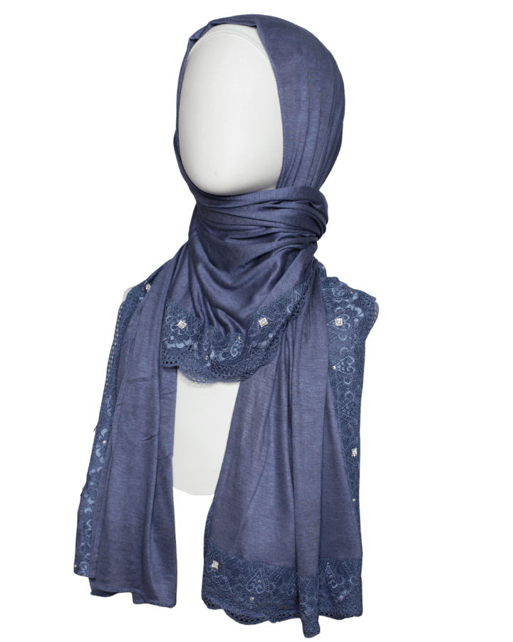 Embellished Lace Bordered Kuwaiti Hijab - Navy Blue Hijab - NEW