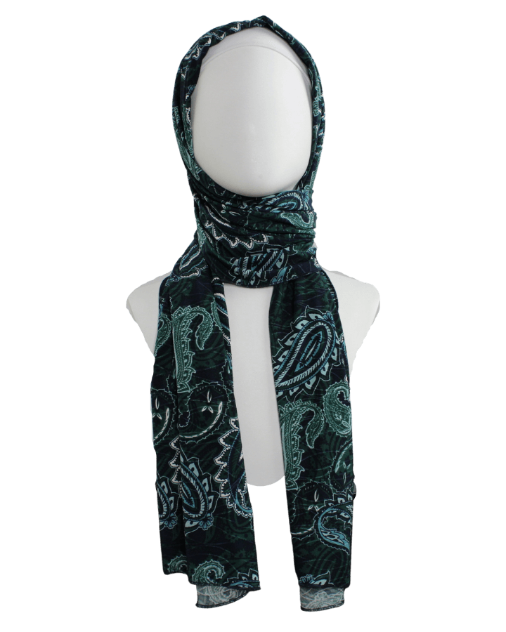 Green Navy Paisley Smooth Patterned Jersey Hijab  - Soft & Cool "Zibde Feel" - NEW