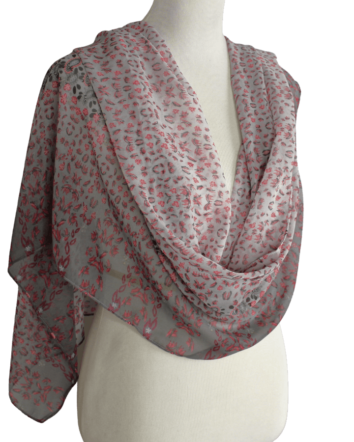 Grey Pink Floral Double Bordered Chiffon Hijab - New