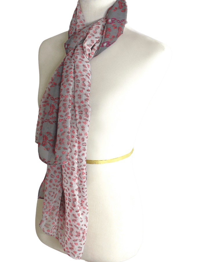 Grey Pink Floral Double Bordered Chiffon Hijab - New