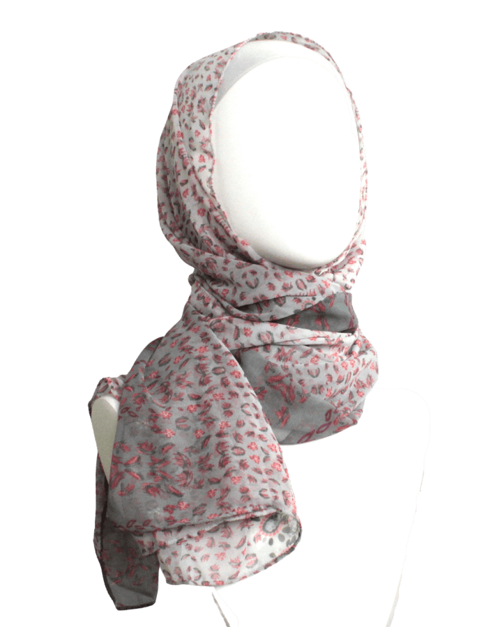 Grey Pink Floral Double Bordered Chiffon Hijab - New