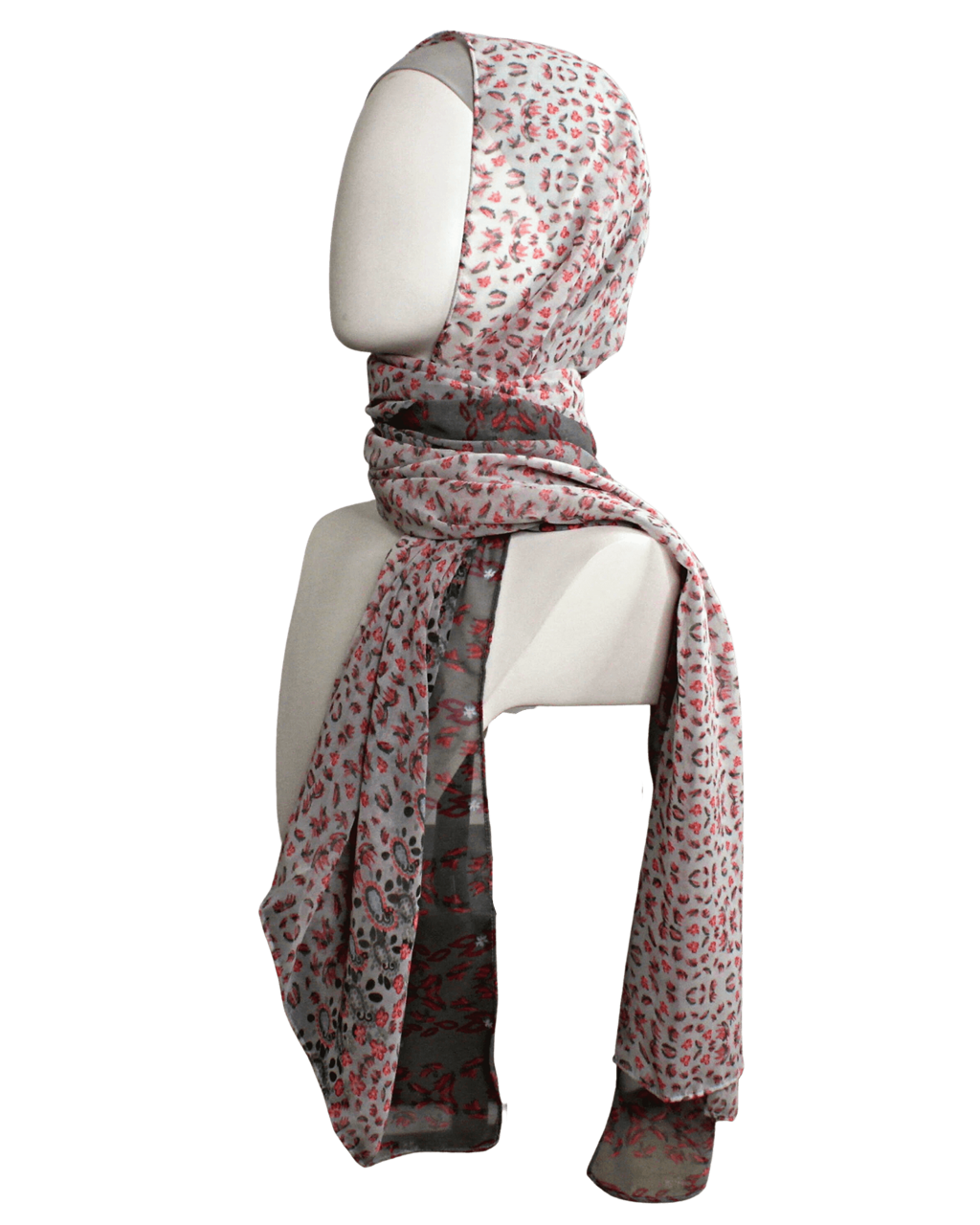 Grey Pink Floral Double Bordered Chiffon Hijab - New