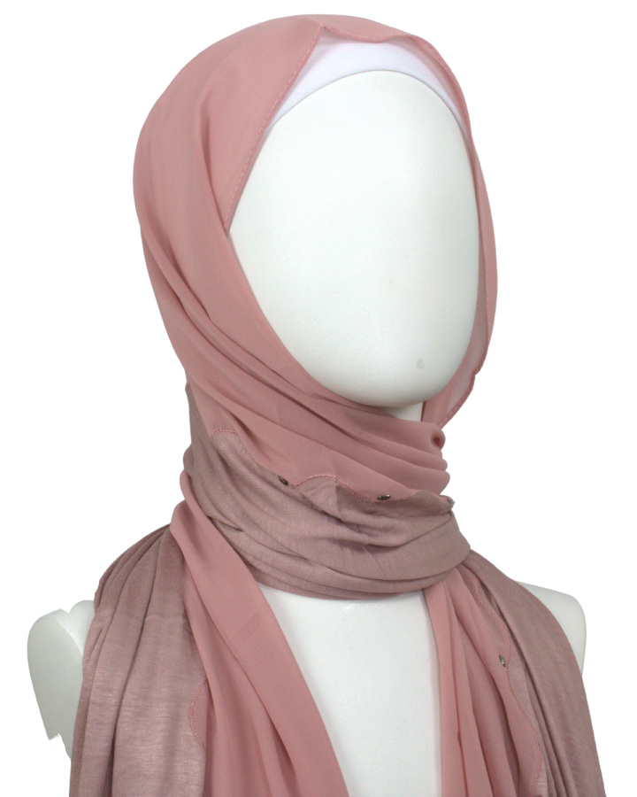 Kuwaiti Double Border Chiffon & Jersey Neutral Mauve - NEW