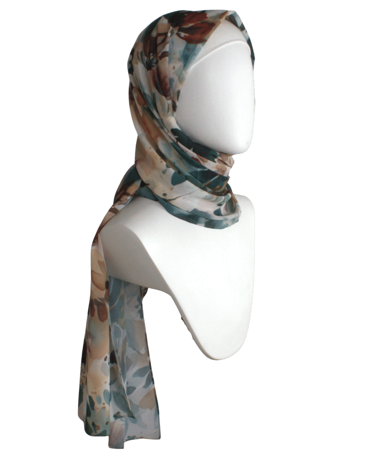 Unique floral hijab scarf chiffon | Army Green and brown hijab | Lina Zibdeh