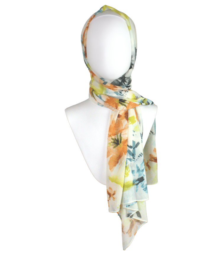 Unique floral hijab scarf chiffon | Teal, orange, green hijab | Lina Zibdeh