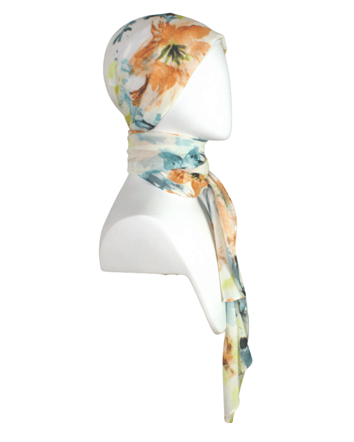 Unique floral hijab scarf chiffon | Teal, orange, green hijab | Lina Zibdeh