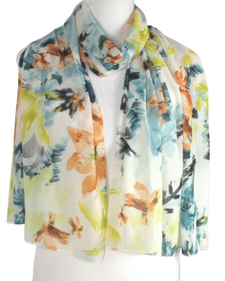 Unique floral hijab scarf chiffon | Teal, orange, green hijab | Lina Zibdeh