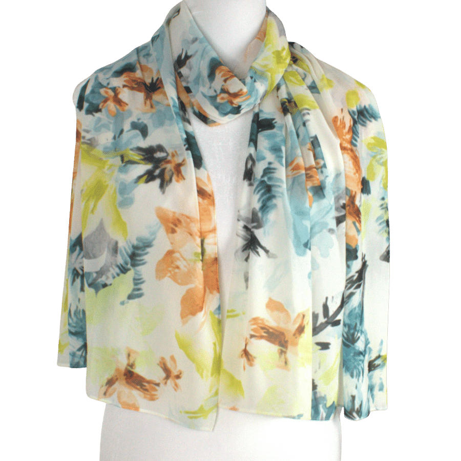 Unique floral hijab scarf chiffon | Teal, orange, green hijab | Lina Zibdeh