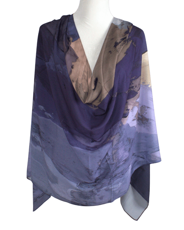 An airbrushed hijab scarf in purple hues, premium crepe chiffon hijab headscarf for an elegant look for muslim women for work and special occasions | Lina Zibdeh