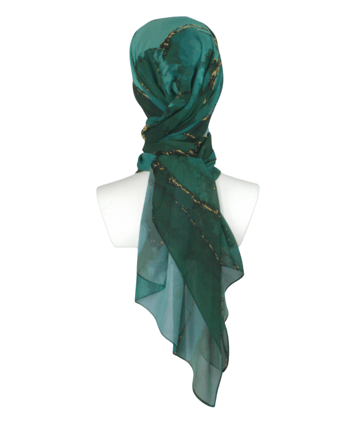 Back view of emerald chiffon hijab drape showing soft, airy better grip texture