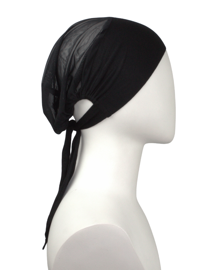 Side view of our black tie-back mesh undercap for your everyday wear | Best seller all year long | Lina Zibdeh
