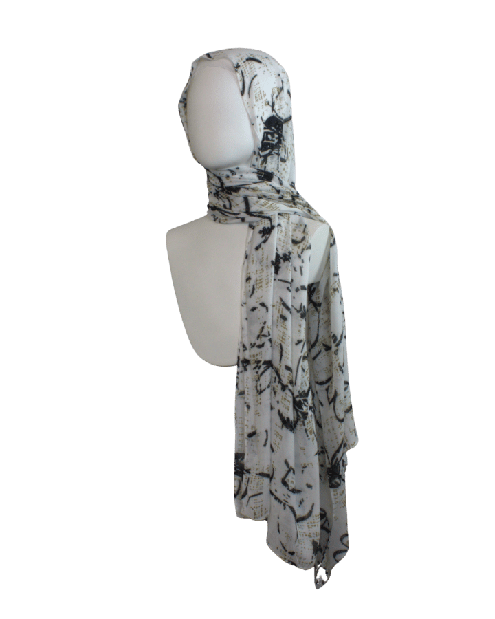 Printed bamboo modal hijab scarf, black floral print on a soft white background and bronze stripes. Ideal for work and hot weather | Lina Zibdeh