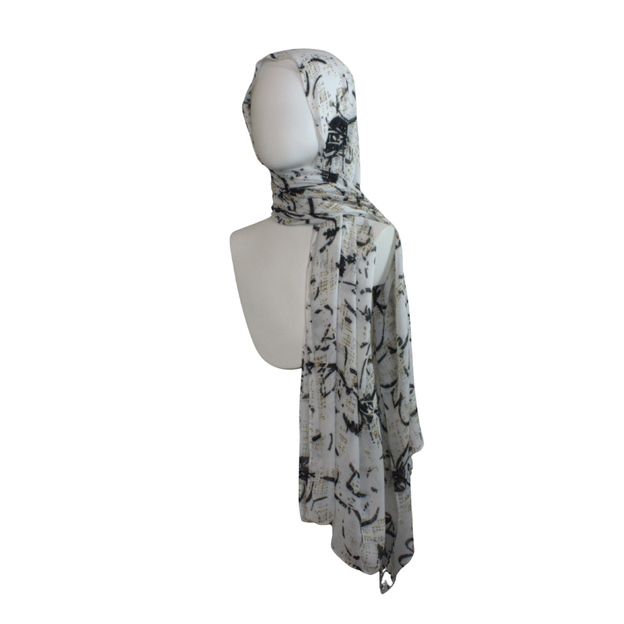 Printed bamboo modal hijab scarf, black floral print on a soft white background and bronze stripes. Ideal for work and hot weather | Lina Zibdeh