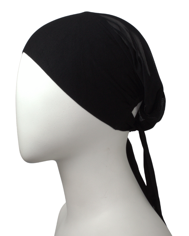 Side view of Black Tie-back mesh hijab cap premium quality, non-slip, breathable and adjustable| Lina Zibdeh