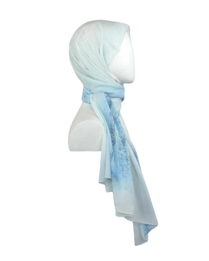 An aqua blue hijab scarf designer print, ideal for summer and for work | Lina Zibdeh