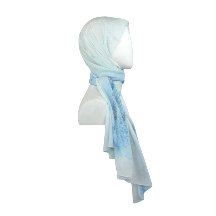 An aqua blue hijab scarf designer print, ideal for summer and for work | Lina Zibdeh