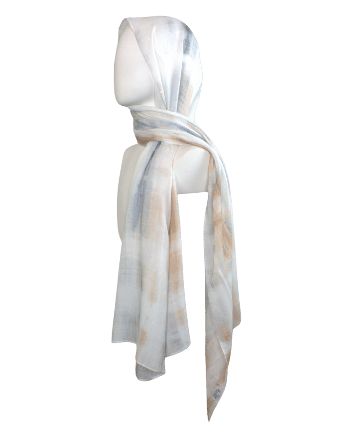 Premium Lightweight bamboo modal hijab with airbrushed mocha and blue print laid on white background | Lina Zibdeh
