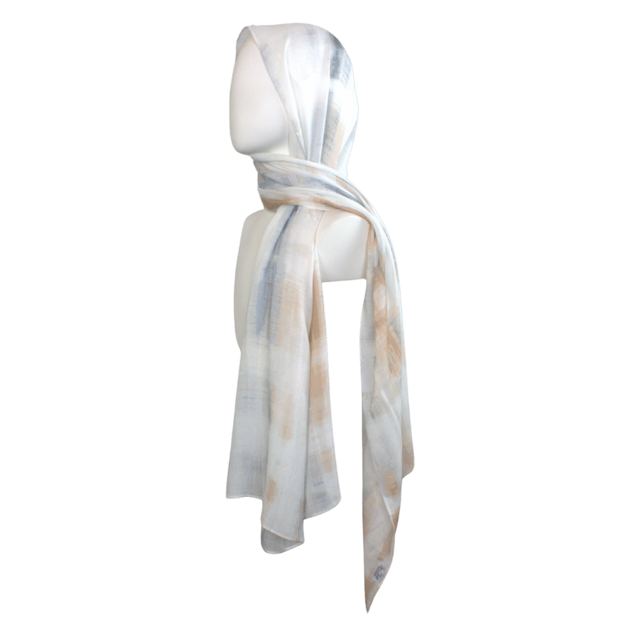 Premium Lightweight bamboo modal hijab with airbrushed mocha and blue print laid on white background | Lina Zibdeh