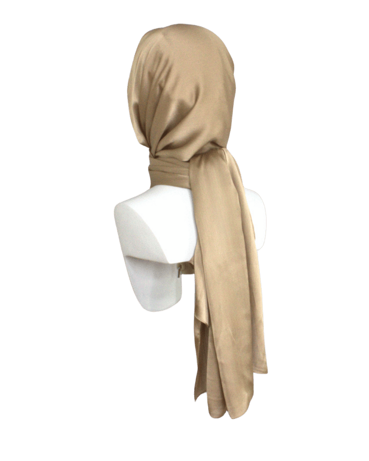 This is your party hijab in bronze golden, soft satin crinkle with a better grip and nice drape | Lina Zibdeh