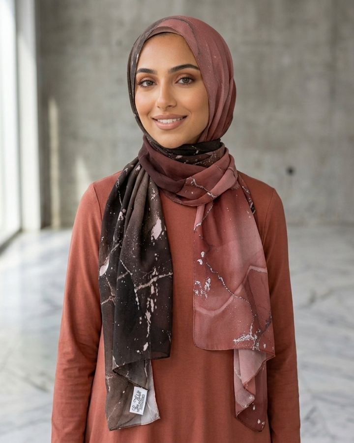Model wearing Mocha and Spice brown marbled luxury chiffon hijab with warm terracotta and chocolate tones