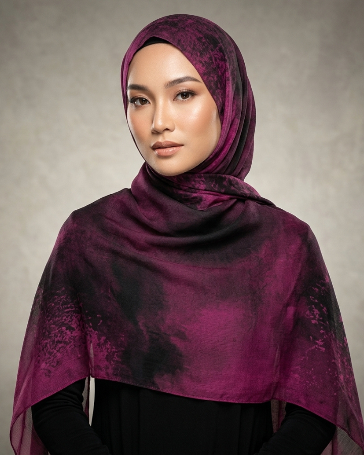 A woman wearing a dark plum purple hijab with a black tie-dye or watercolor pattern, styled over a black top against a textured gray studio background.