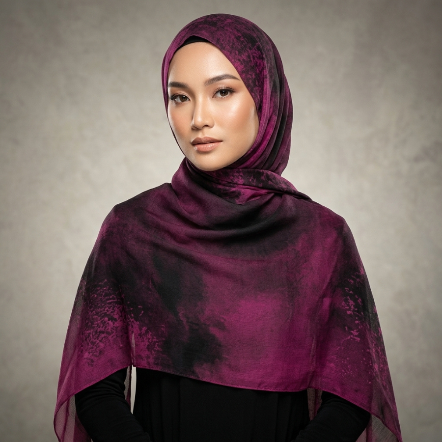 A woman wearing a dark plum purple hijab with a black tie-dye or watercolor pattern, styled over a black top against a textured gray studio background.