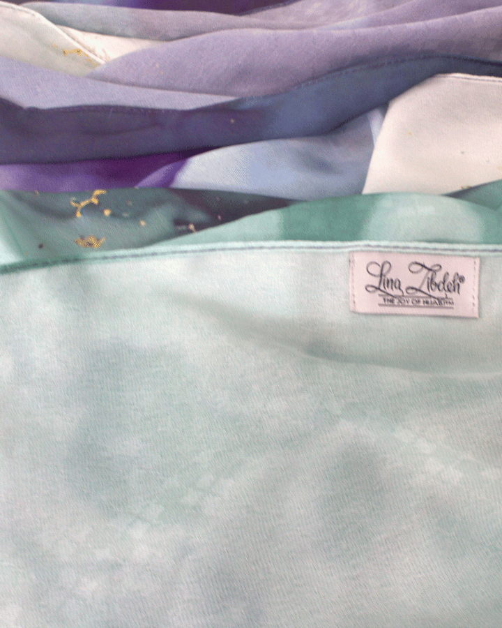 Close-up of edges and stitching on premium chiffon hijab for quality detail
