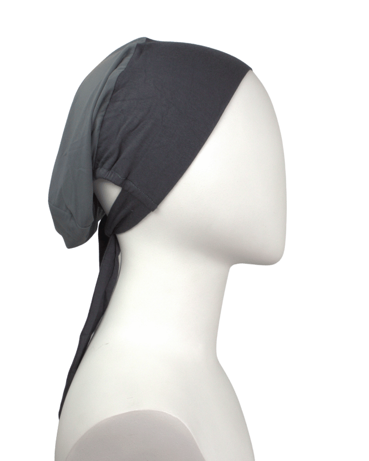 Side view of our adjustable, breathable, and non-slip premium tie-back mesh hijab under scarf in dark grey | Lina Zibdeh