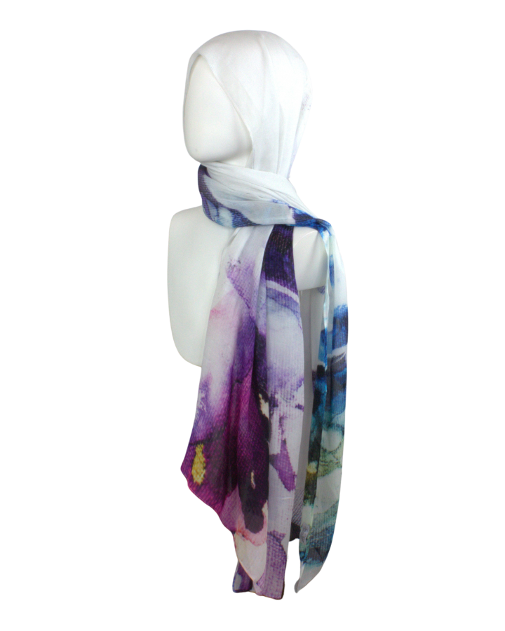 Double bordered bamboo modal hijab scarf in white and watercolor purple black strokes. Ideal for headscarf in the summer and hot weather | Lina Zibdeh