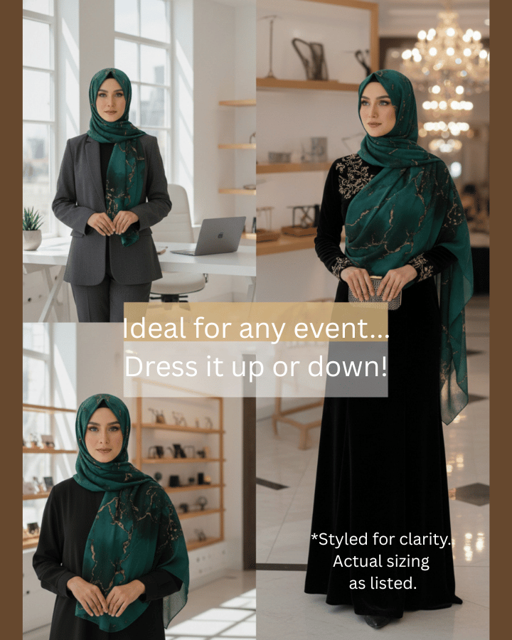 Woman wearing a green golden hijab in an office setting with text overlay.