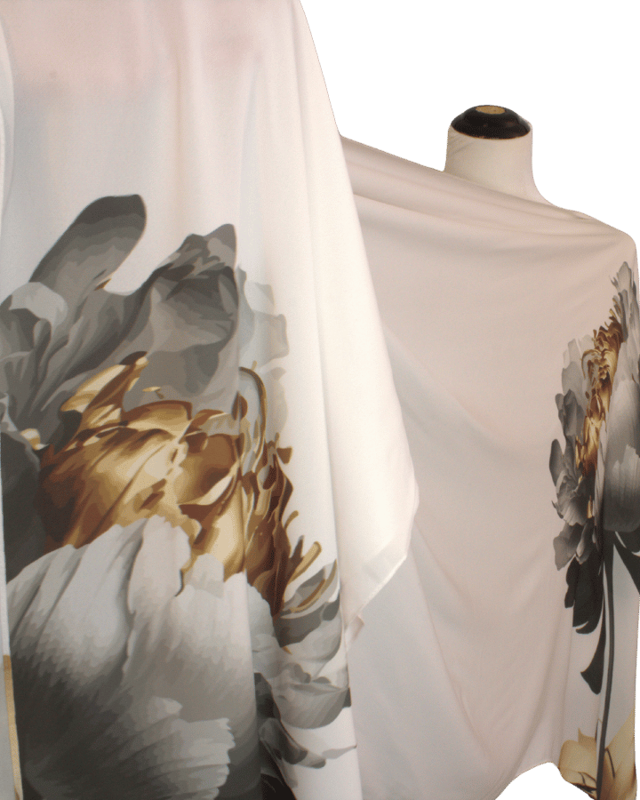 Elegant Hijab scarf with golden, black, and silver painted flowers on a soft white background. Ideal for Muslim formal occasions and work | Lina Zibdeh