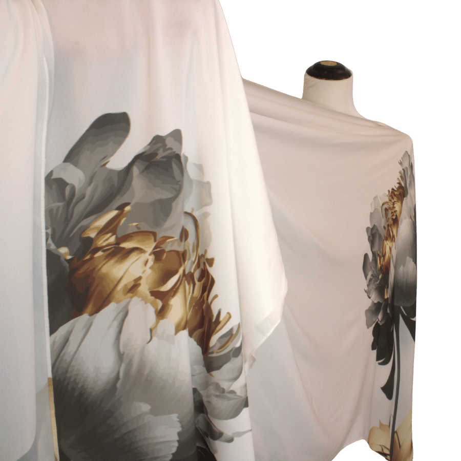 Elegant Hijab scarf with golden, black, and silver painted flowers on a soft white background. Ideal for Muslim formal occasions and work | Lina Zibdeh