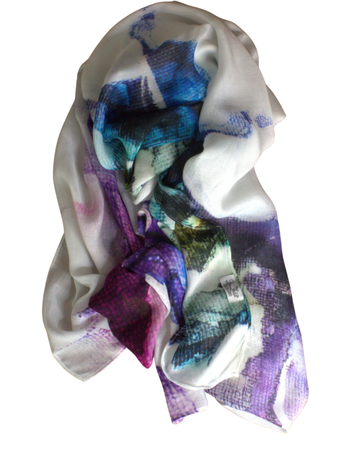 Double bordered bamboo modal hijab scarf in white and watercolor purple black strokes. Ideal headscarf in the summer and hot weather and matches nicely with many outfits | Lina Zibdeh
