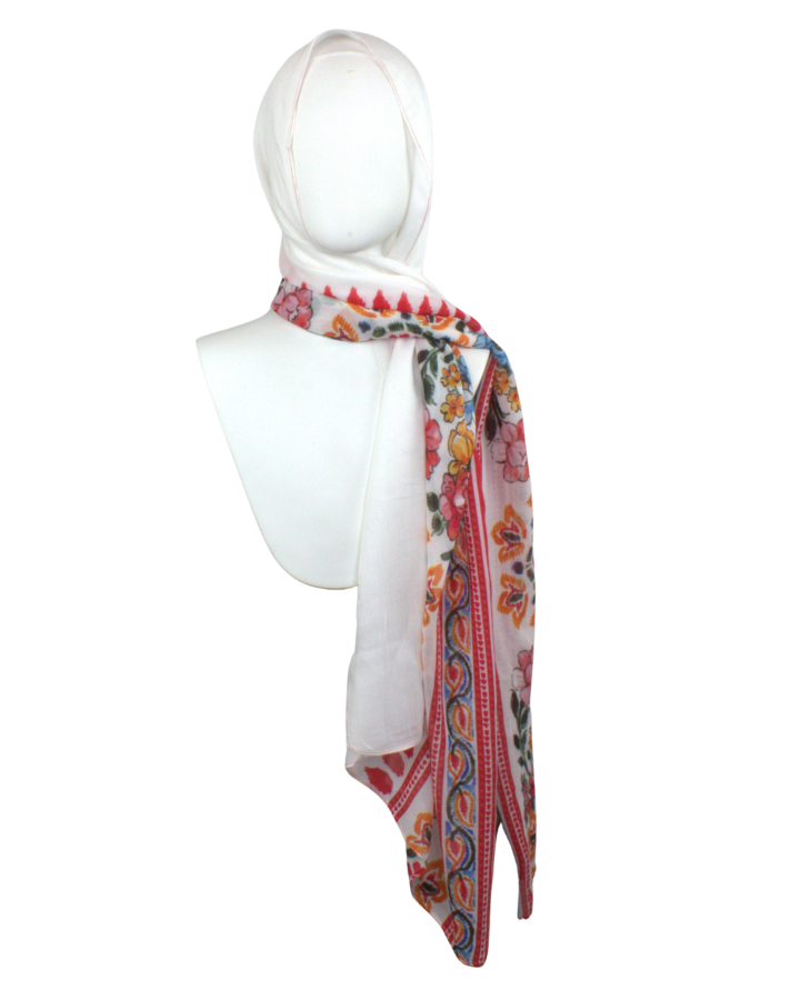 Luxury printed bamboo modal hijab scarf in a double border print of white and red, ideal choice for muslim ladies who want non slip airy hijabs | Lina Zibdeh